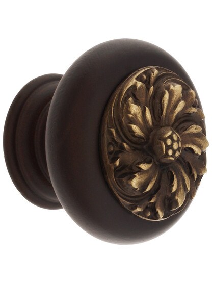 1 1/2 inch Diameter Chrysanthemum Knob in Dark Walnut/Antique Brass.
